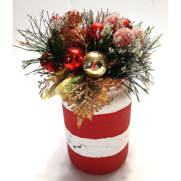 Christmas Arrangement Red Gold Painted Crackle Mason Jar Farmhouse Shabby Chic - Picture 3 of 8